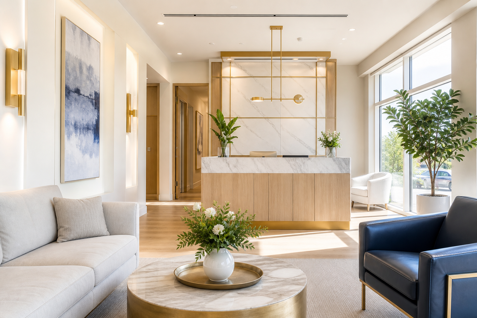 Sunlit institute lounge at the Chicago Institute for Health & Wellness, cream walls and navy leather