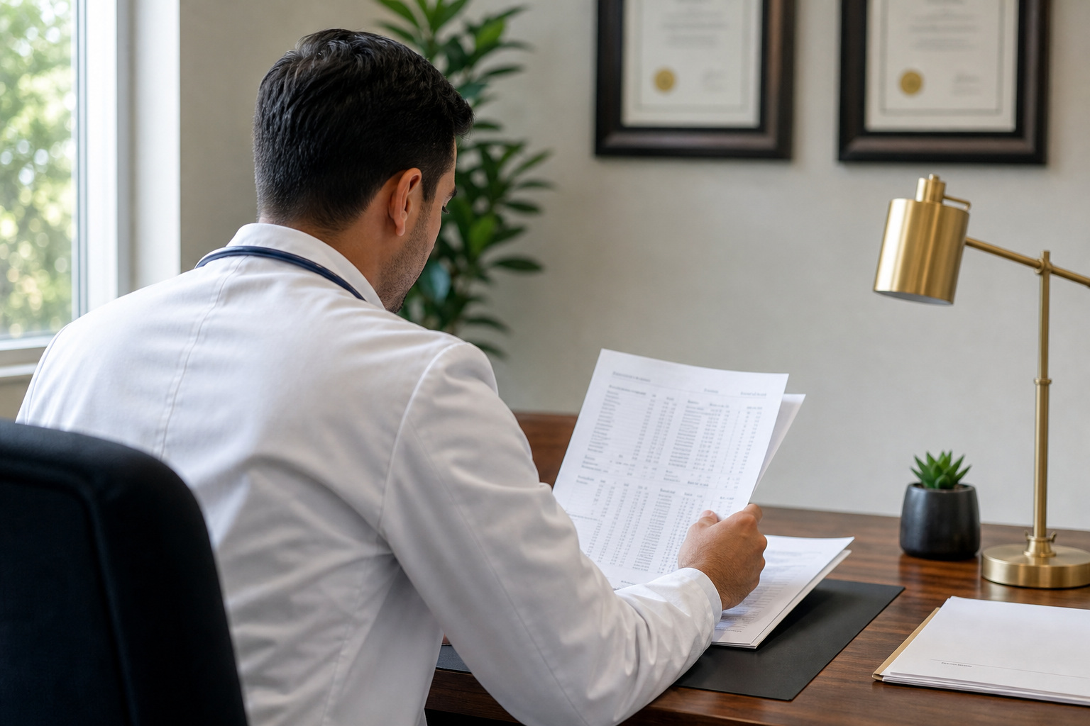 Clinician reviewing laboratory results in a daylight consult at the West Dundee institute