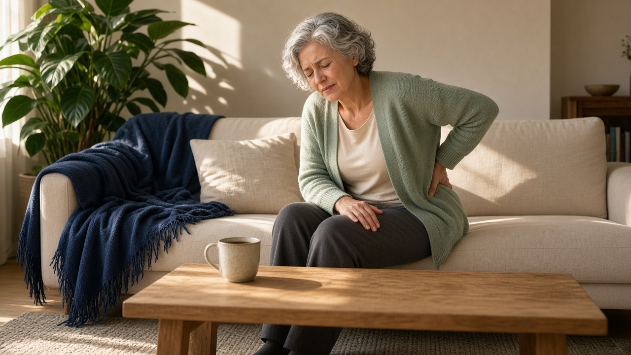 A woman sitting on a living-room sofa, holding her lower back through a fibromyalgia flare