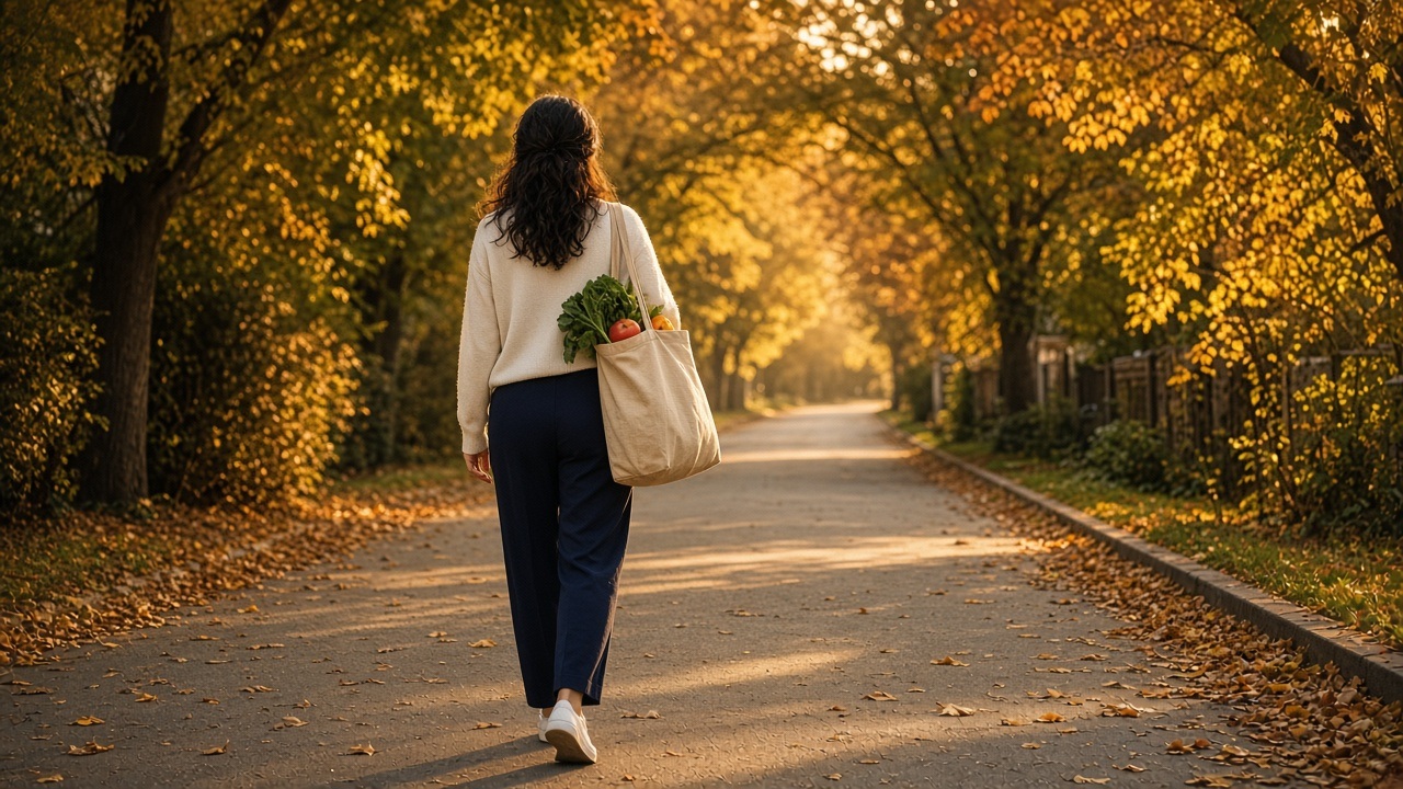 Walking outdoors in fall with fresh produce, a daily habit that can support healthier blood sugar